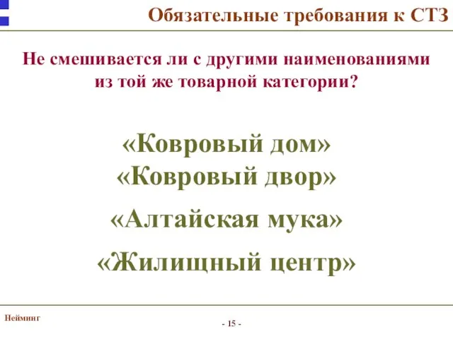 Нейминг Обязательные требования к СТЗ «Ковровый дом» «Ковровый двор» Не смешивается