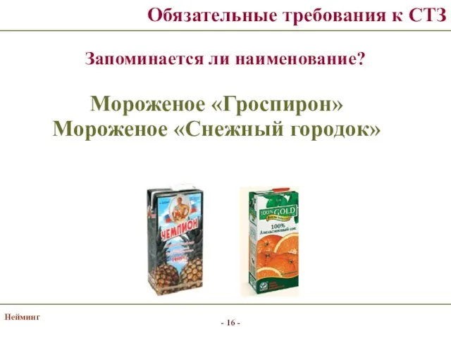 Нейминг Обязательные требования к СТЗ Запоминается ли наименование? Мороженое «Гроспирон» Мороженое «Снежный городок»