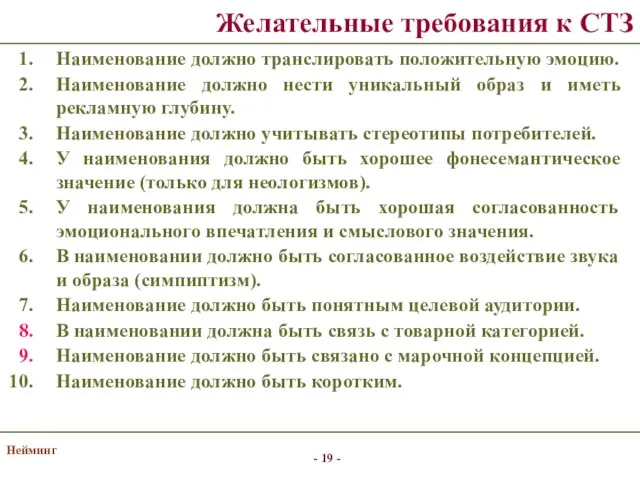 Нейминг Наименование должно транслировать положительную эмоцию. Наименование должно нести уникальный образ