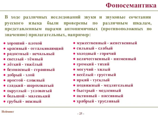 Нейминг Фоносемантика В ходе различных исследований звуки и звуковые сочетания русского
