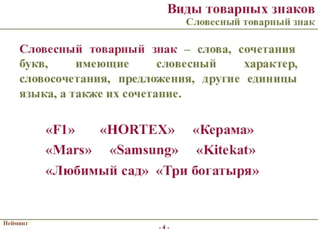 Нейминг - - Виды товарных знаков Словесный товарный знак Словесный товарный