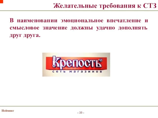 Нейминг В наименовании эмоциональное впечатление и смысловое значение должны удачно дополнять