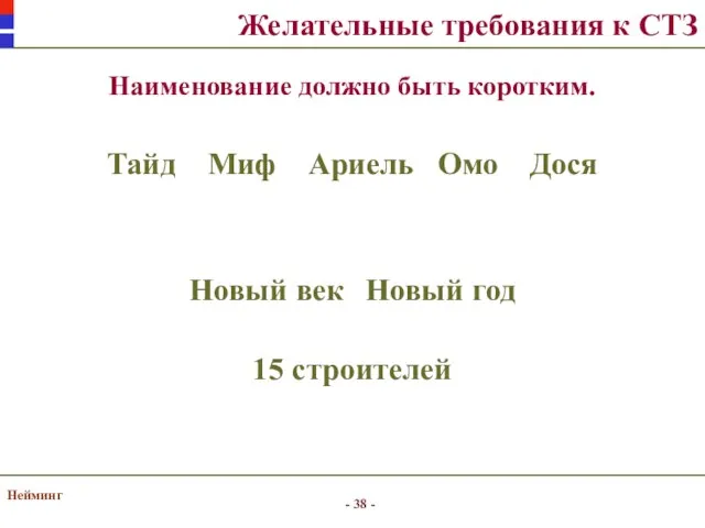 Нейминг Наименование должно быть коротким. Желательные требования к СТЗ Тайд Миф