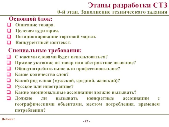 Нейминг Описание товара. Целевая аудитория. Позиционирование торговой марки. Конкурентный контекст. Этапы