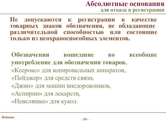 Нейминг Абсолютные основания для отказа в регистрации Обозначения вошедшие во всеобщие