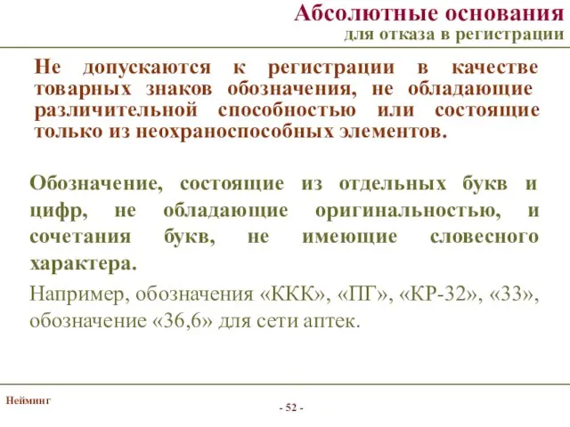 Нейминг Абсолютные основания для отказа в регистрации Не допускаются к регистрации