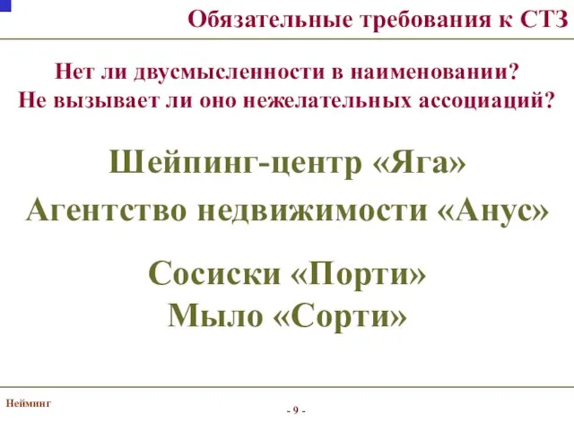 Нейминг Обязательные требования к СТЗ Нет ли двусмысленности в наименовании? Не