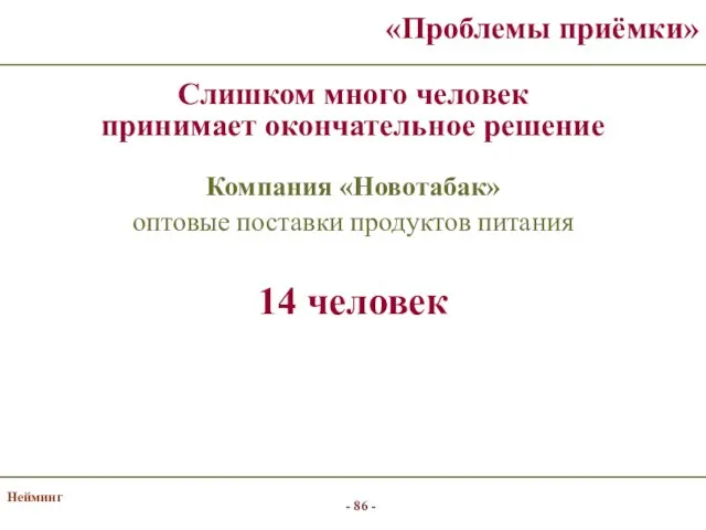 Нейминг «Проблемы приёмки» Слишком много человек принимает окончательное решение Компания «Новотабак»