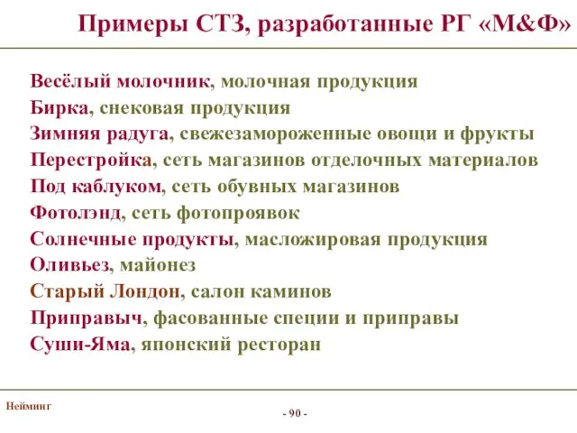 Нейминг Примеры СТЗ, разработанные РГ «М&Ф» Весёлый молочник, молочная продукция Бирка,