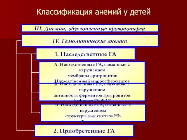 Классификация анемий у детей ІІІ. Анемии, обусловленные кровопотерей А. Наследственные ГА,