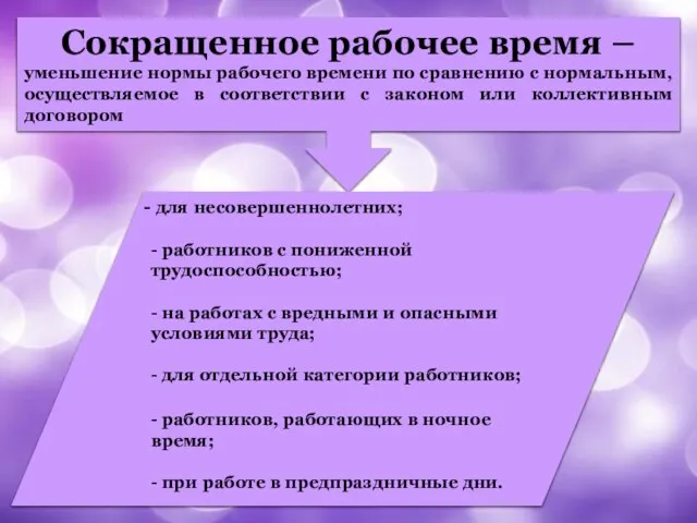 Сокращенное рабочее время – уменьшение нормы рабочего времени по сравнению с