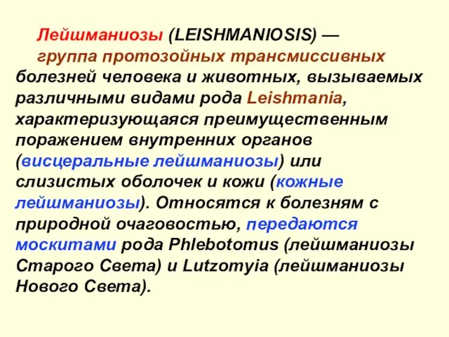 Лейшманиозы (LEISHMANIOSIS) — группа протозойных трансмиссивных болезней человека и животных, вызываемых