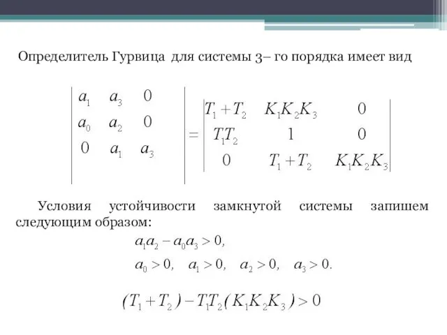 Определитель Гурвица для системы 3– го порядка имеет вид Условия устойчивости замкнутой системы запишем следующим образом: