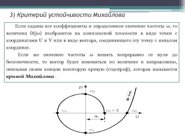 3) Критерий устойчивости Михайлова Если заданы все коэффициенты и определенное значение