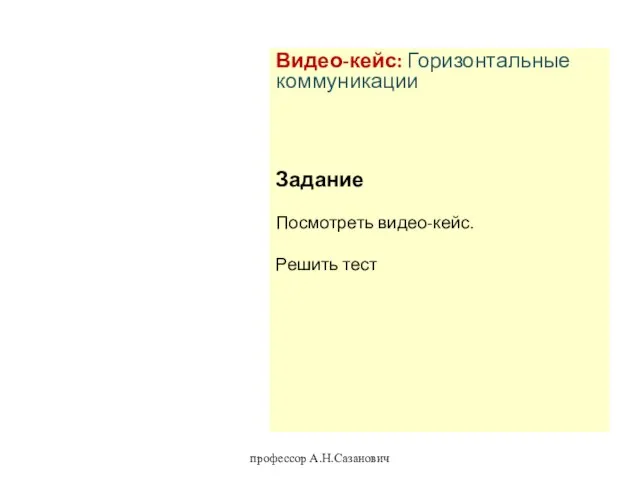 профессор А.Н.Сазанович Видео-кейс: Горизонтальные коммуникации Задание Посмотреть видео-кейс. Решить тест