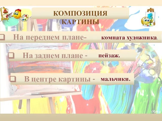 КОМПОЗИЦИЯ КАРТИНЫ На переднем плане- комната художника. На заднем плане -