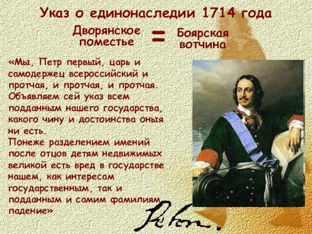 Указ о единонаследии 1714 года Дворянское поместье Боярская вотчина = «Мы,