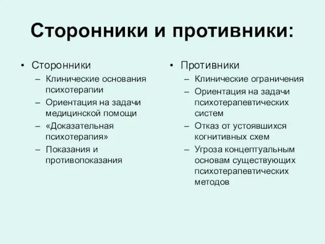 Сторонники и противники: Сторонники Клинические основания психотерапии Ориентация на задачи медицинской