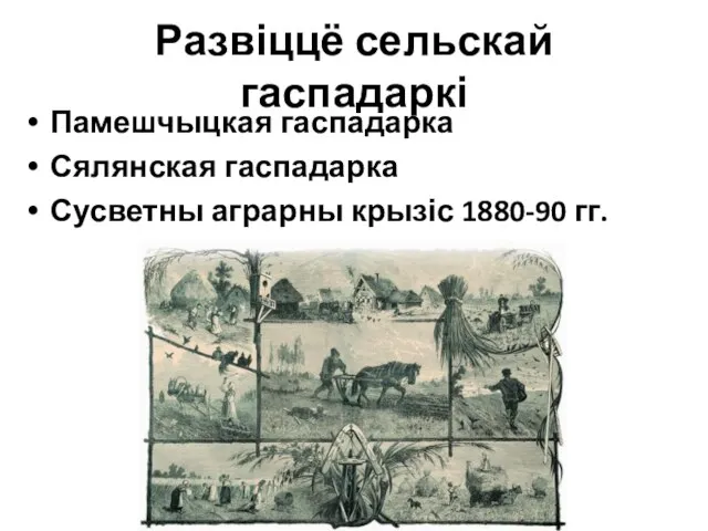 Развіццё сельскай гаспадаркі Памешчыцкая гаспадарка Сялянская гаспадарка Сусветны аграрны крызіс 1880-90 гг.