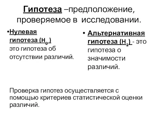 Гипотеза –предположение, проверяемое в исследовании. Нулевая гипотеза (H0 ) это гипотеза