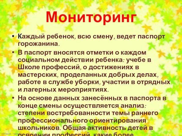 Мониторинг Каждый ребенок, всю смену, ведет паспорт горожанина. В паспорт вносятся