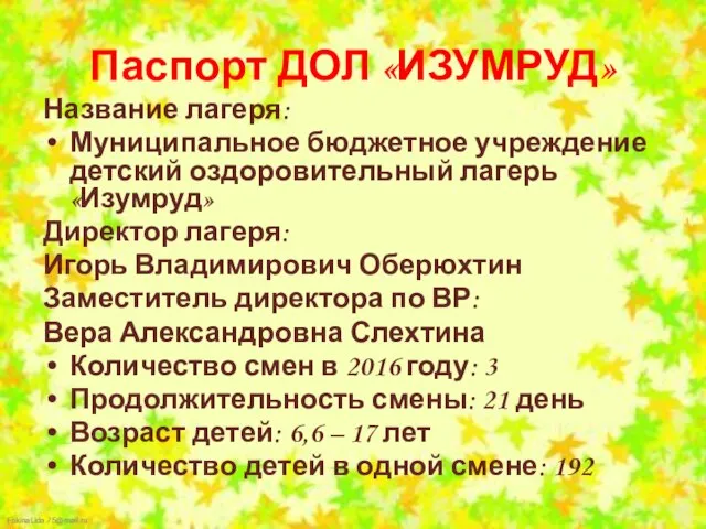 Паспорт ДОЛ «ИЗУМРУД» Название лагеря: Муниципальное бюджетное учреждение детский оздоровительный лагерь