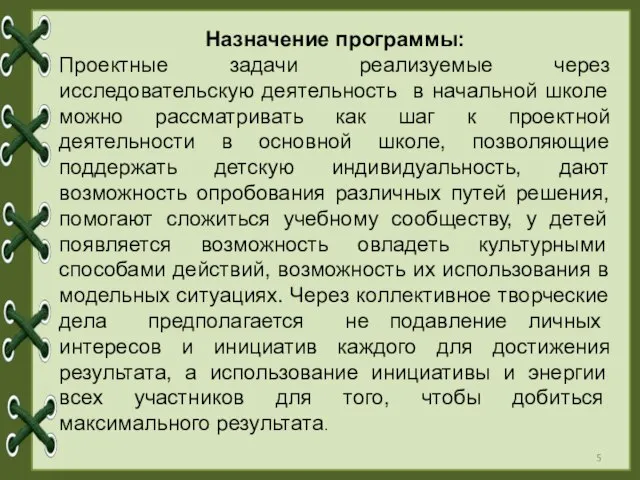 Назначение программы: Проектные задачи реализуемые через исследовательскую деятельность в начальной школе