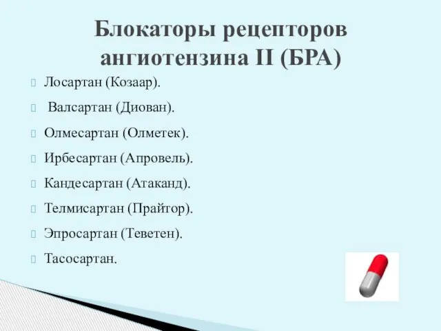 Лосартан (Козаар). Валсартан (Диован). Олмесартан (Олметек). Ирбесартан (Апровель). Кандесартан (Атаканд). Телмисартан