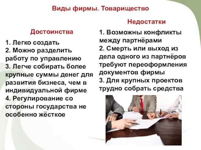 Виды фирмы. Товарищество Достоинства 1. Легко создать 2. Можно разделить работу