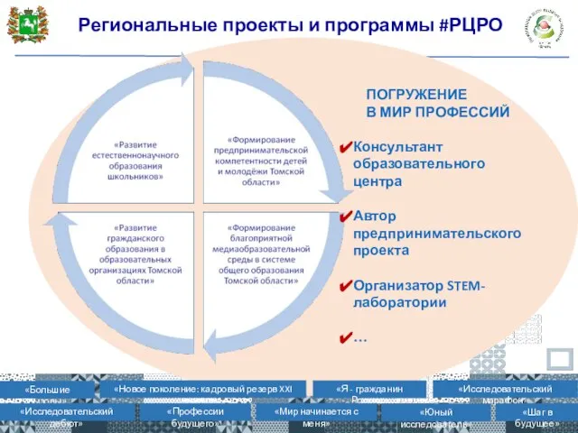 Региональные проекты и программы #РЦРО ПОГРУЖЕНИЕ В МИР ПРОФЕССИЙ Консультант образовательного