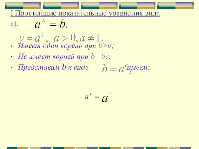 I.Простейшие показательные уравнения вида а). Имеет один корень при b>0; Не