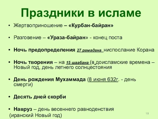 Праздники в исламе Жертвоприношение – «Курбан-байран» Разговение – «Ураза-байран» - конец