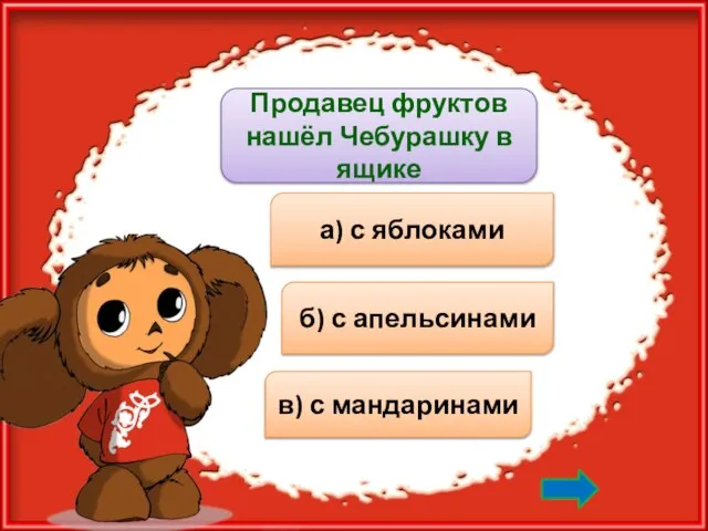 Продавец фруктов нашёл Чебурашку в ящике а) с яблоками б) с апельсинами в) с мандаринами