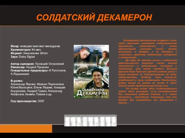 СОЛДАТСКИЙ ДЕКАМЕРОН Жанр: комедия/ мистика/ мелодрама Хронометраж: 94 мин. Формат: Кинопленка