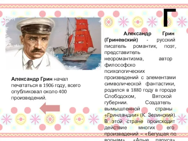 Г Александр Грин начал печататься в 1906 году, всего опубликовал около