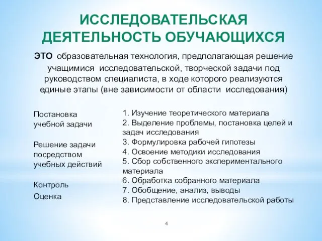 ИССЛЕДОВАТЕЛЬСКАЯ ДЕЯТЕЛЬНОСТЬ ОБУЧАЮЩИХСЯ ЭТО образовательная технология, предполагающая решение учащимися исследовательской, творческой