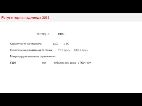 Регуляторная адженда 2022 СЕГОДНЯ ПЛАН Ограничение начислений 1,5Х 1,3Х Снижение максимальной