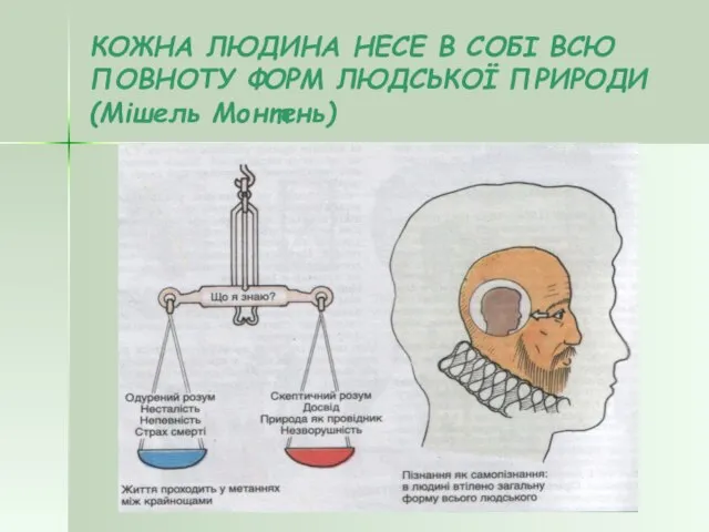 КОЖНА ЛЮДИНА НЕСЕ В СОБІ ВСЮ ПОВНОТУ ФОРМ ЛЮДСЬКОЇ ПРИРОДИ (Мішель Монтень)