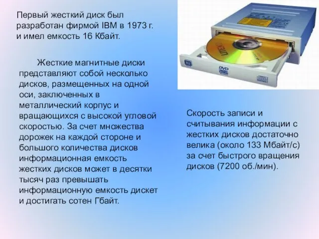 Жесткие магнитные диски представляют собой несколько дисков, размещенных на одной оси,