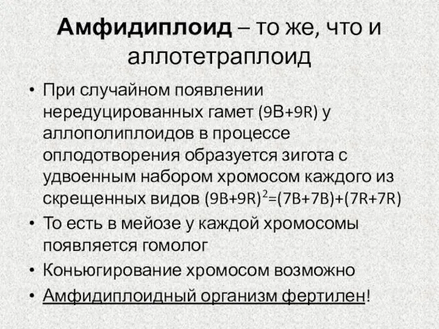 Амфидиплоид – то же, что и аллотетраплоид При случайном появлении нередуцированных