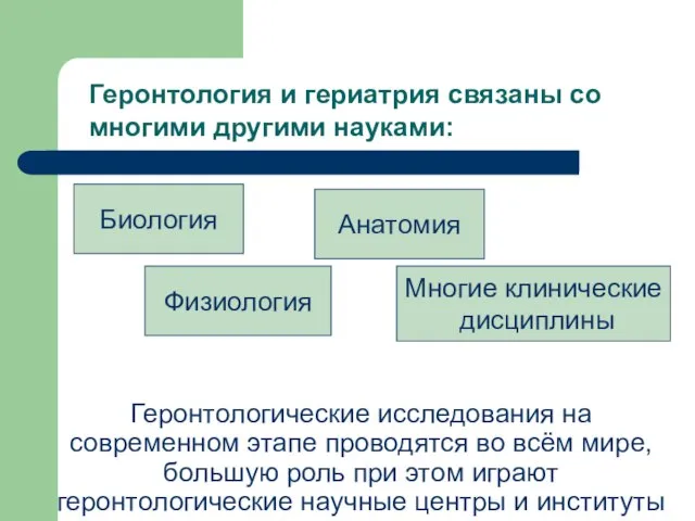 Геронтологические исследования на современном этапе проводятся во всём мире, большую роль