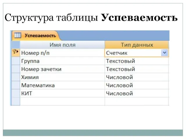 Структура таблицы Успеваемость