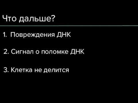 Что дальше? Повреждения ДНК 2. Сигнал о поломке ДНК 3. Клетка не делится