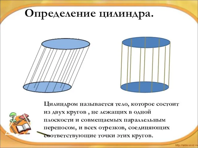 Определение цилиндра. Цилиндром называется тело, которое состоит из двух кругов ,