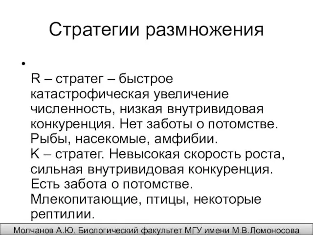 Стратегии размножения R – стратег – быстрое катастрофическая увеличение численность, низкая