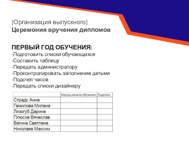 [Организация выпускного] Церемония вручения дипломов ПЕРВЫЙ ГОД ОБУЧЕНИЯ: -Подготовить списки обучающихся