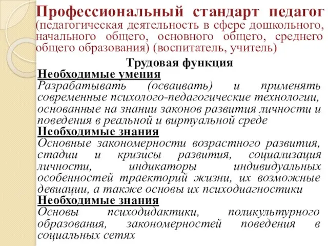 Профессиональный стандарт педагог (педагогическая деятельность в сфере дошкольного, начального общего, основного