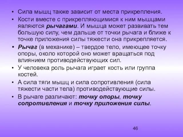 Сила мышц также зависит от места прикрепления. Кости вместе с прикрепляющимися