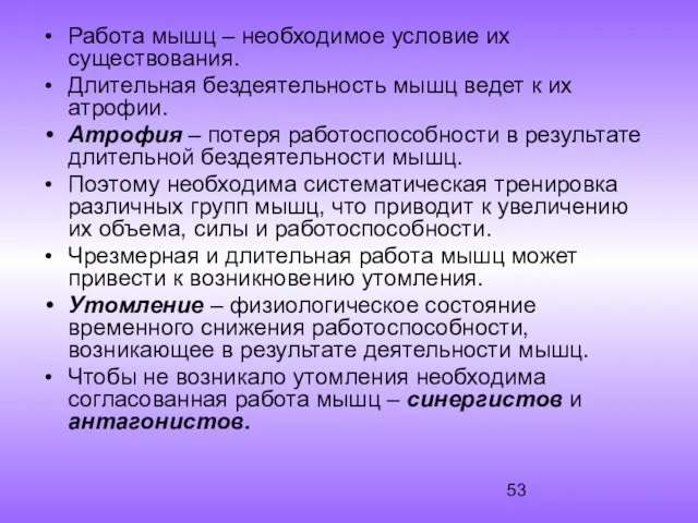 Работа мышц – необходимое условие их существования. Длительная бездеятельность мышц ведет