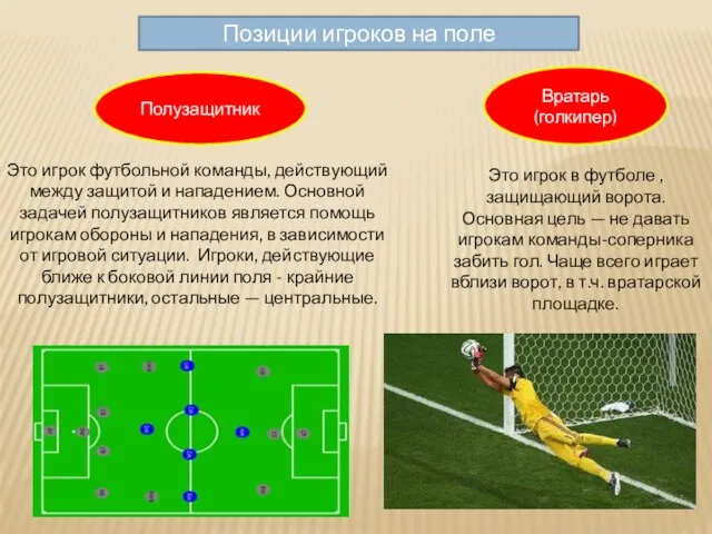 Полузащитник Вратарь (голкипер) Позиции игроков на поле Это игрок футбольной команды,